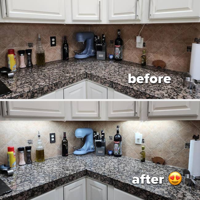 top: reviewer's before photo of area under kitchen cabinets looking dark and shadowy / bottom: after photo of the same area illuminated with stick-on lights